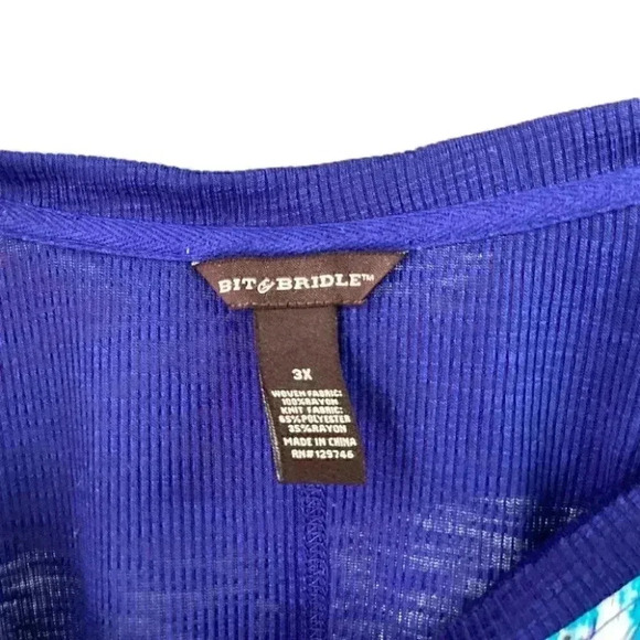 Bit & Bridle Top Women 3X Blue Geometric Cotton Blend Half Sleeve Pullover - Picture 6 of 6